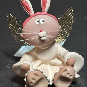 Charming Bunny Ornament with Golden Wings Angel Cheeks Easter decor. Plastic box